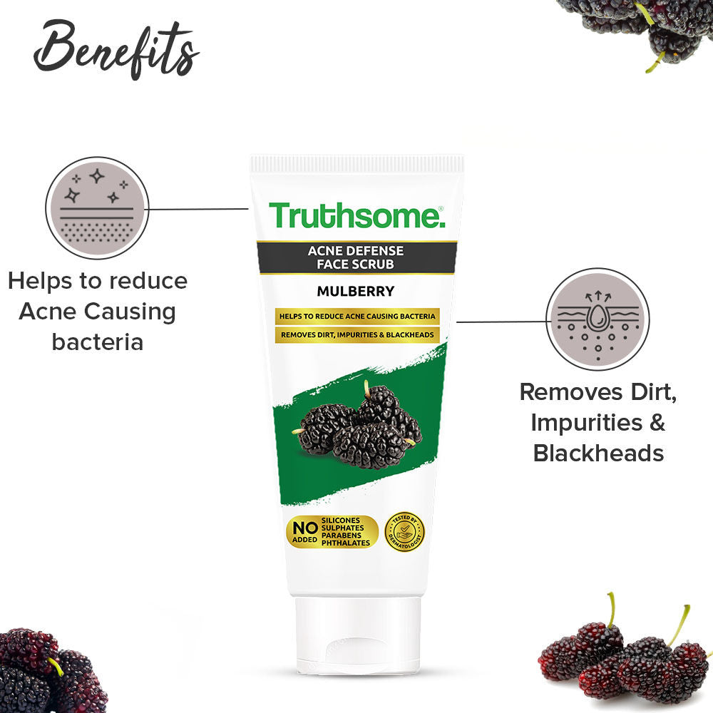 Truthsome
Acne Defense Face Scrub with Mulberry & Tea Tree Oil - For Acne Prone Skin, No Silicones, Sulphates, Parabens, Phthalates - for Men/Women, Moisturizing Scrub (100 ml)
