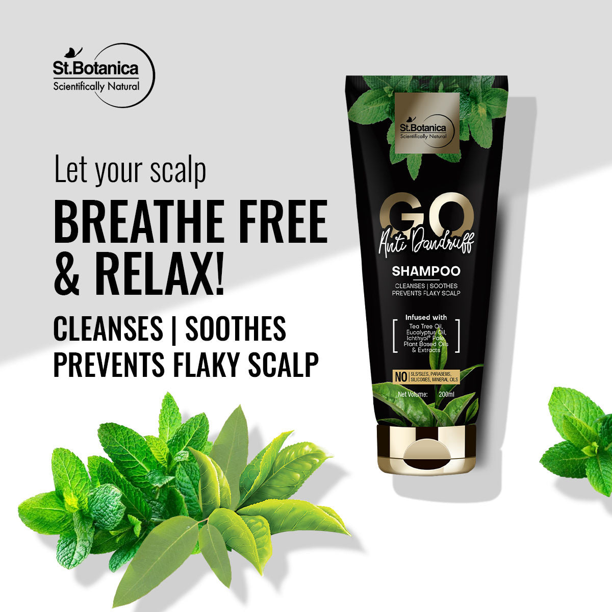 St.Botanica
GO Anti-Dandruff Hair Shampoo - With Ichthyol Pale, Tea Tree, Eucalyptus Oil, No SLS / Sulphate, Paraben, Silicones, Colors, 200 ml