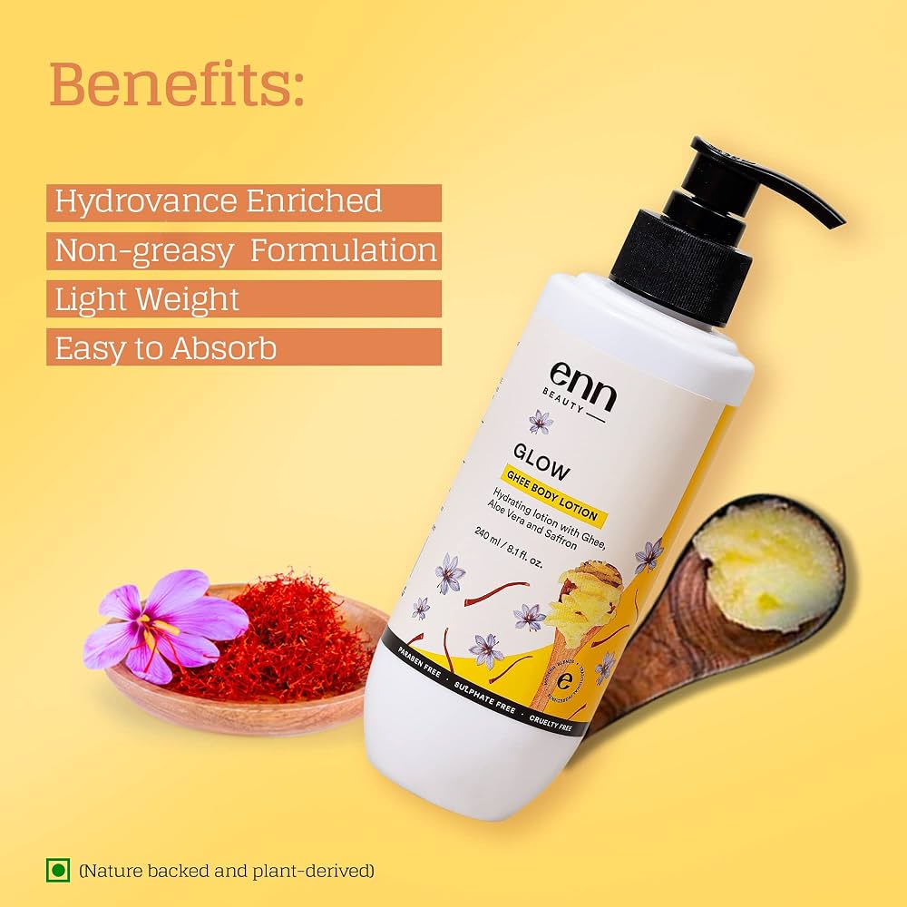 ENN Glow Ghee Body Lotion For Winter, Hydrating Lotion For Dry Skin With Natural Ghee, Aloe Vera & Saffron For Deep Moisturization For Men & Women, 240ml