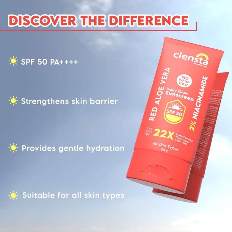 Clensta Sunscreen - SPF 50 PA++++ Red Aloe Vera Daily Glow Sunscreen 2% Niacinamide For Sun Protection & Glow (50 g)