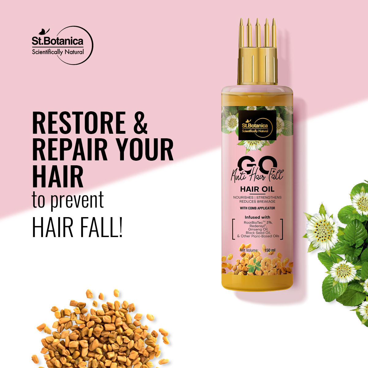 StBotanica GO Anti Hair Fall Hair Oil - With RootBiotec 3%, Redensyl, Ginseng Oil, Black Seed Oil & Other Botanicals, No Silicones, Mineral Oils, 150 ml with Comb Applicator