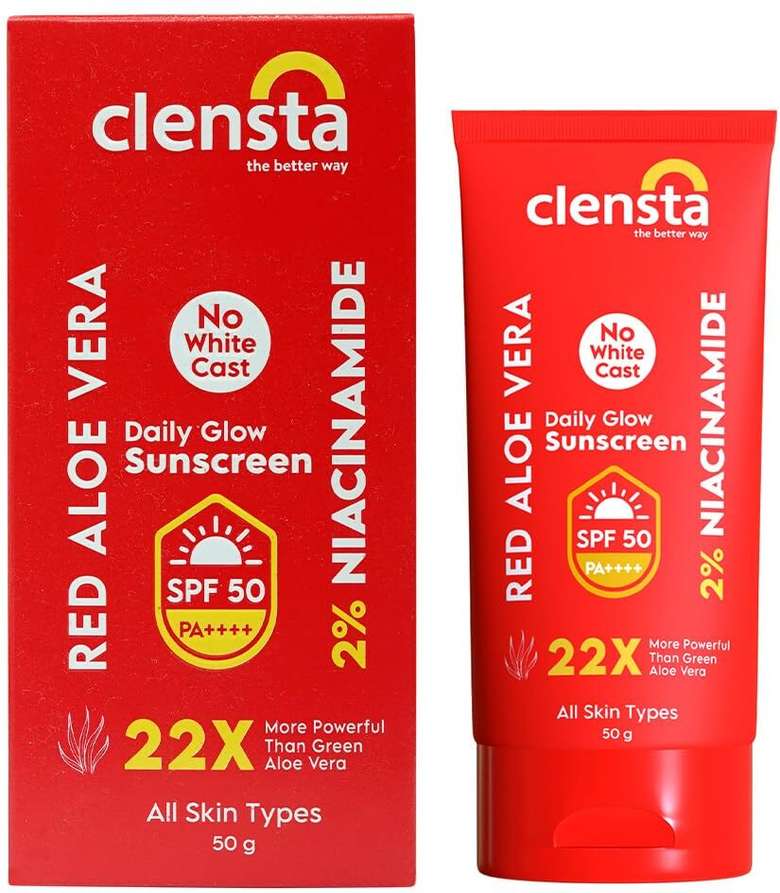 Clensta Sunscreen - SPF 50 PA++++ Red Aloe Vera Daily Glow Sunscreen 2% Niacinamide For Sun Protection & Glow (50 g)
