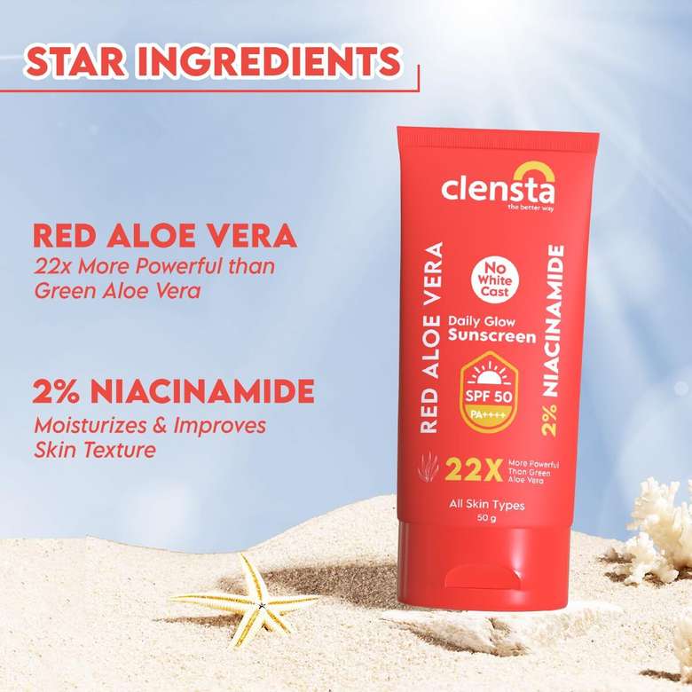 Clensta Sunscreen - SPF 50 PA++++ Red Aloe Vera Daily Glow Sunscreen 2% Niacinamide For Sun Protection & Glow (50 g)