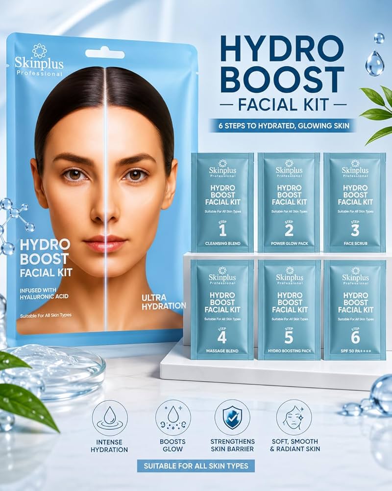 SKINPLUS Professional 6-Step Facial Kit| Infused Actives for Hydration, Brightening & Skin Elasticity | Suitable for All Skin Types (Hydro Boost,45 GRAM)