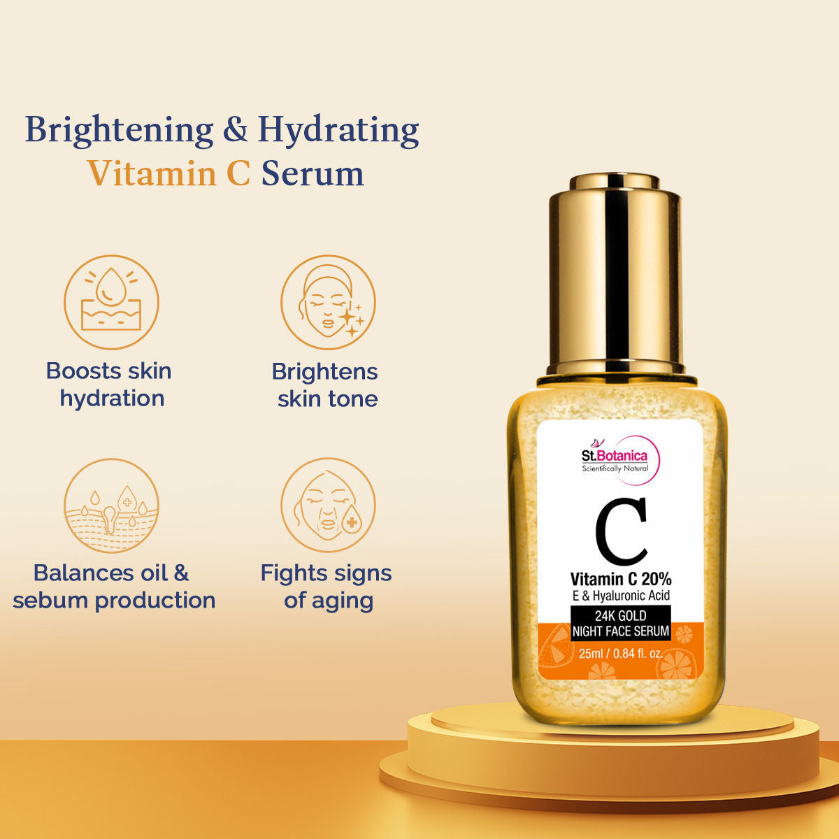 St.Botanica
Vitamin C 20% + E & Hyaluronic Acid 24k Gold Night Face Serum (25 ml)