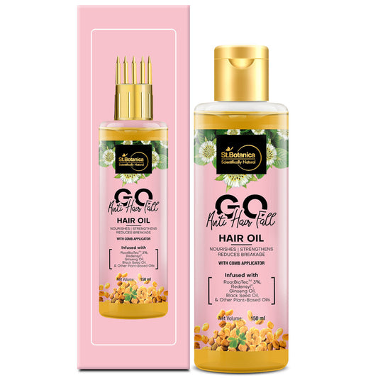 StBotanica GO Anti Hair Fall Hair Oil - With RootBiotec 3%, Redensyl, Ginseng Oil, Black Seed Oil & Other Botanicals, No Silicones, Mineral Oils, 150 ml with Comb Applicator