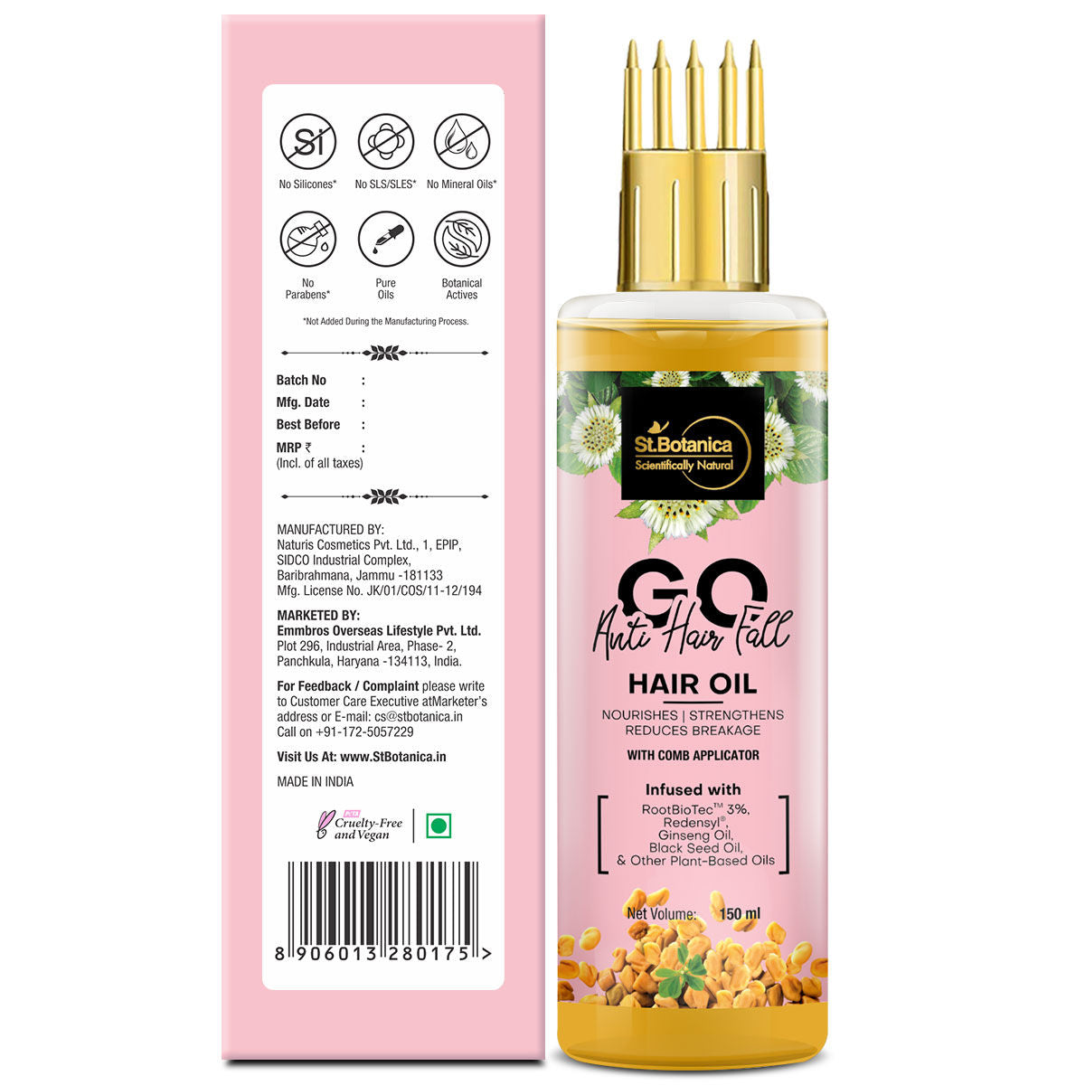 StBotanica GO Anti Hair Fall Hair Oil - With RootBiotec 3%, Redensyl, Ginseng Oil, Black Seed Oil & Other Botanicals, No Silicones, Mineral Oils, 150 ml with Comb Applicator
