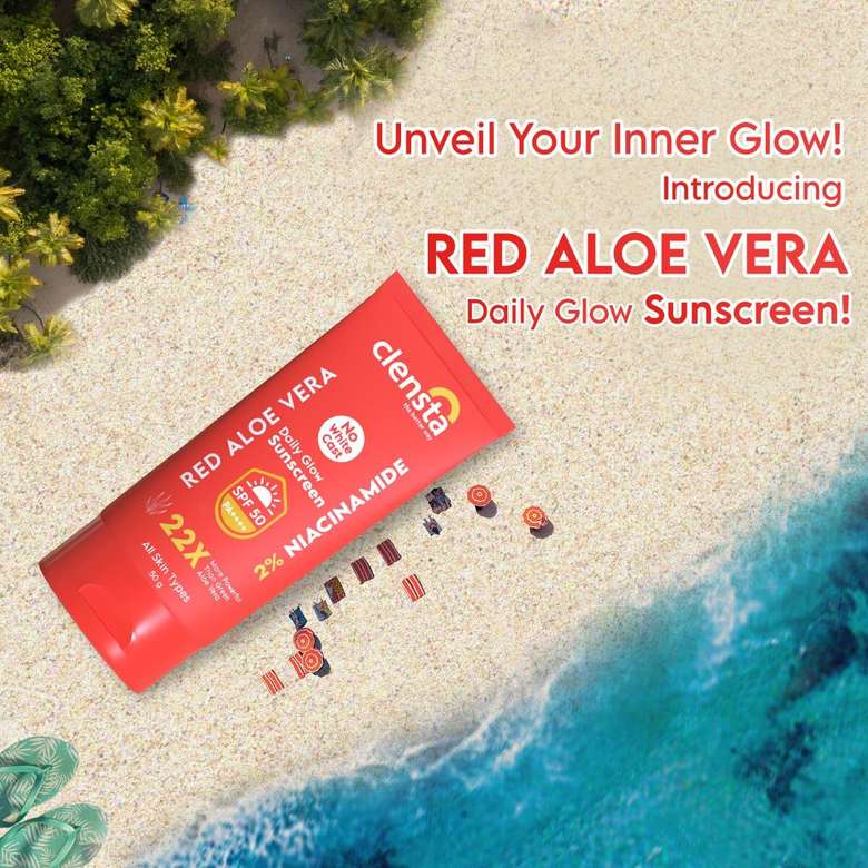 Clensta Sunscreen - SPF 50 PA++++ Red Aloe Vera Daily Glow Sunscreen 2% Niacinamide For Sun Protection & Glow (50 g)